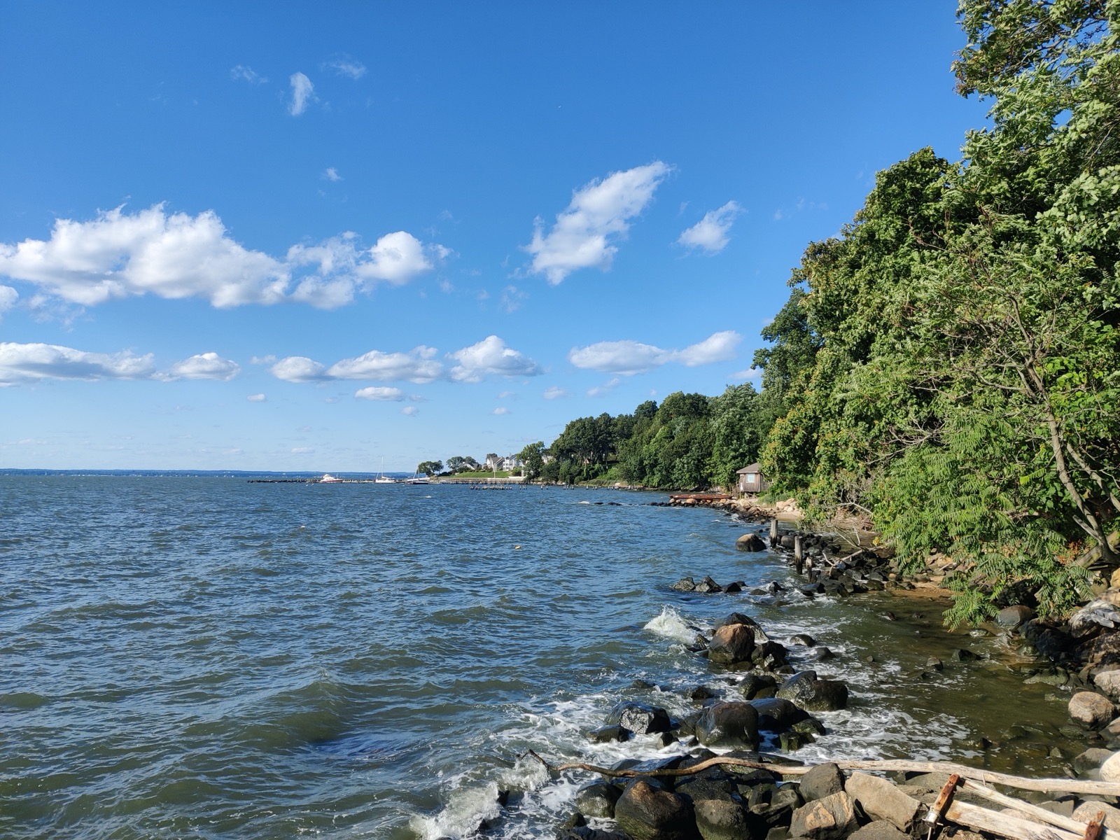 Long Island Sound shoreline at Morgan Memorial Park with rocks, trees and a stone-and-timber lookout