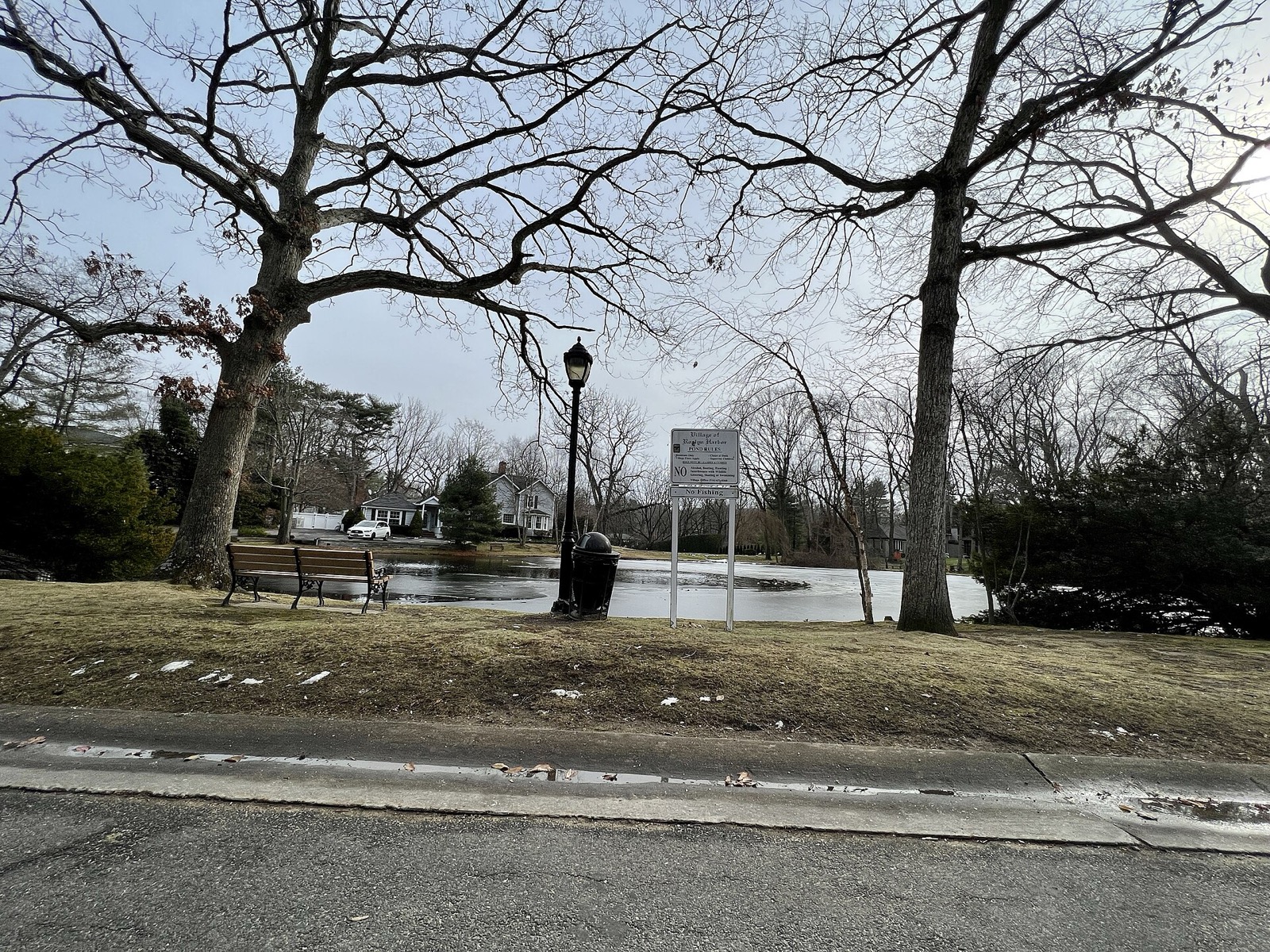 A pond in Roslyn Harbor on a winter day