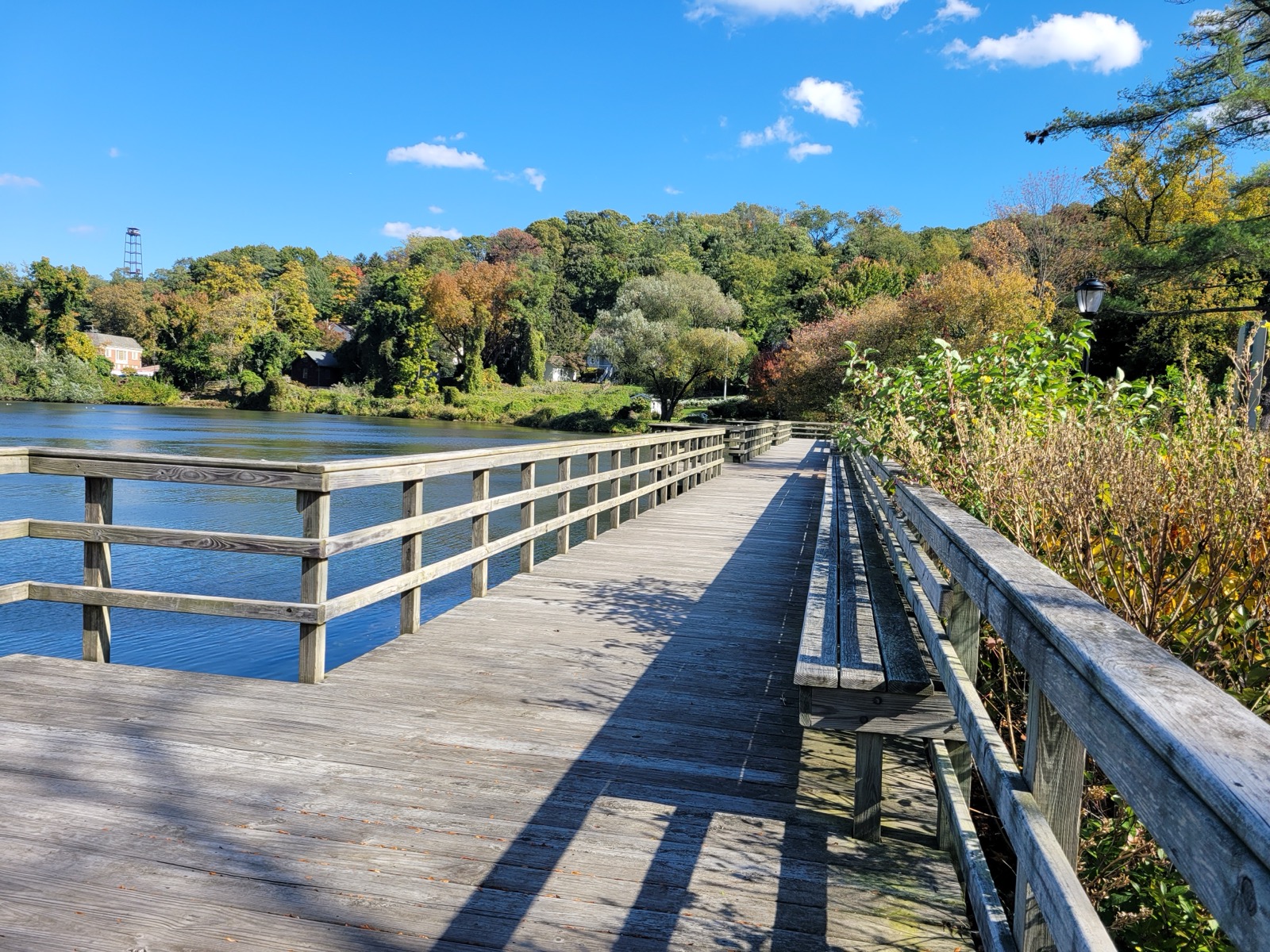 Wooden boardwalk railing running along the edge of Gerry Park pond under autumn trees