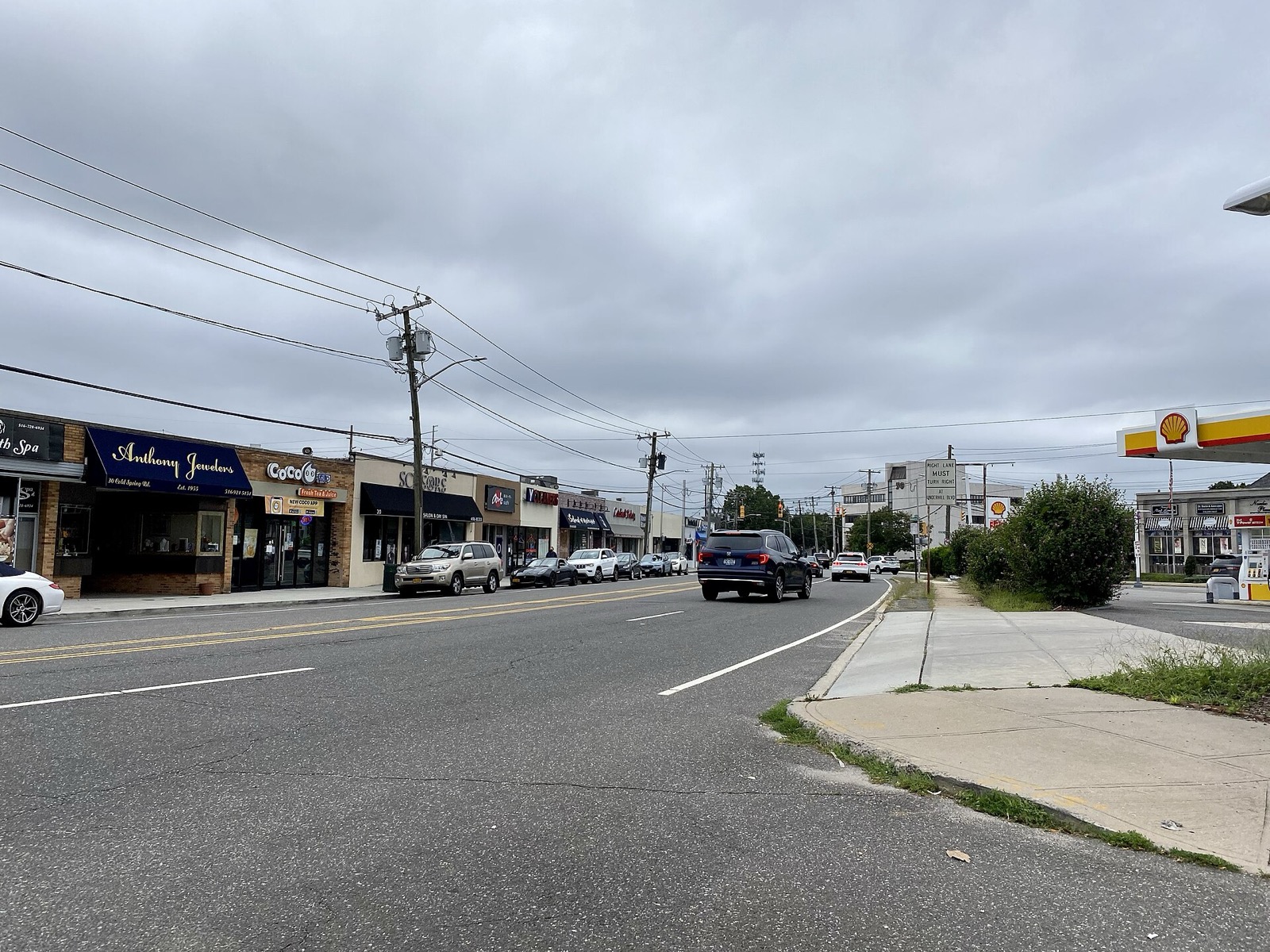 Downtown Syosset storefronts on a summer day